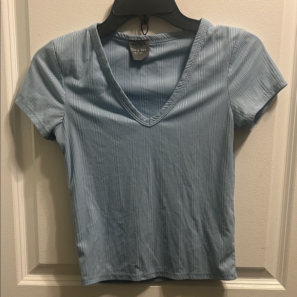 Olivia Rae Light Blue Ribbed V-Neck Tee - Picture 1 of 3